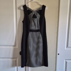 connected apparel Black and White Polka Dot Midi Dress with Crisscross Front